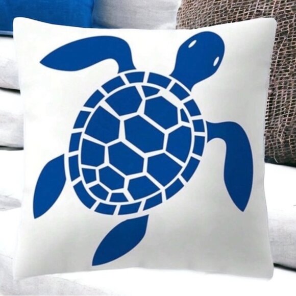 Coastal Pillow Cover Sea Turtle Nautical Graphic Beach 17.7 in Square Blue White - Picture 1 of 16